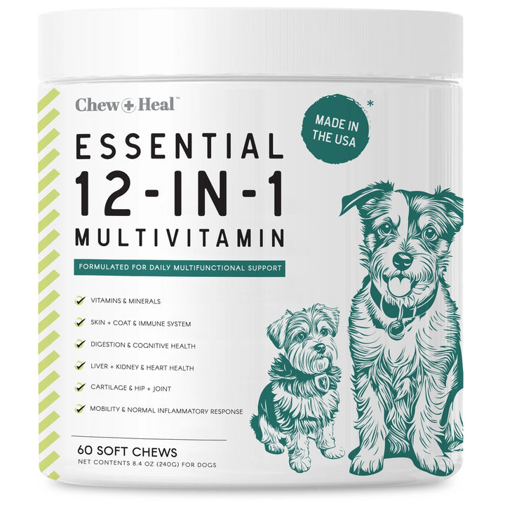 Multivitamin packaging for dogs with illustrations of dogs and text on a white background