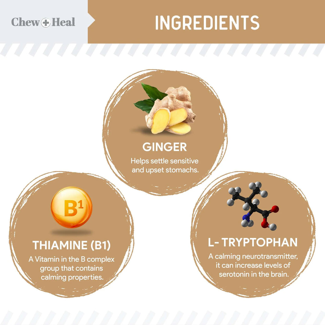 Ingredients of a product with ginger, thiamine B1, and L-tryptophan displayed.
