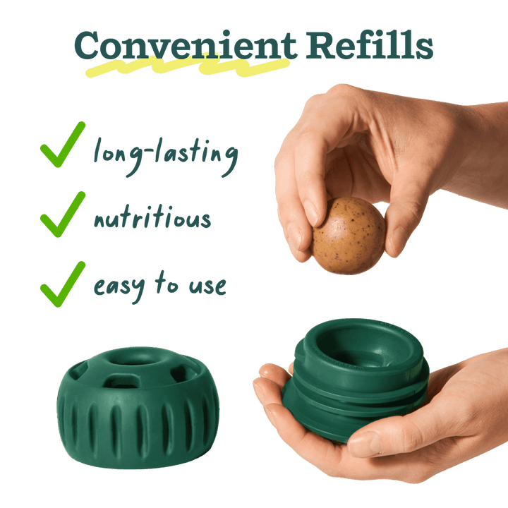 Green refills with a hand holding a brown object, labeled as convenient refills for pets.