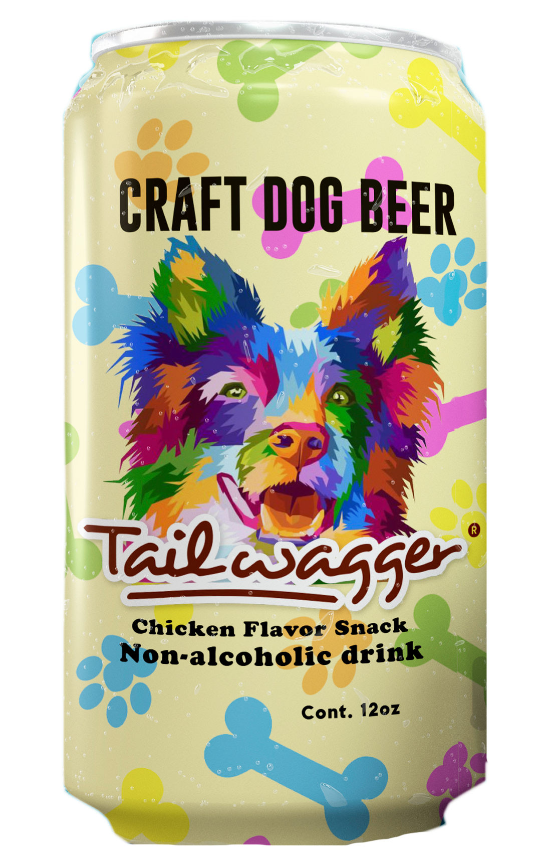 Can of Tail Wagger Craft Dog Beer with colorful dog illustration on a yellow background