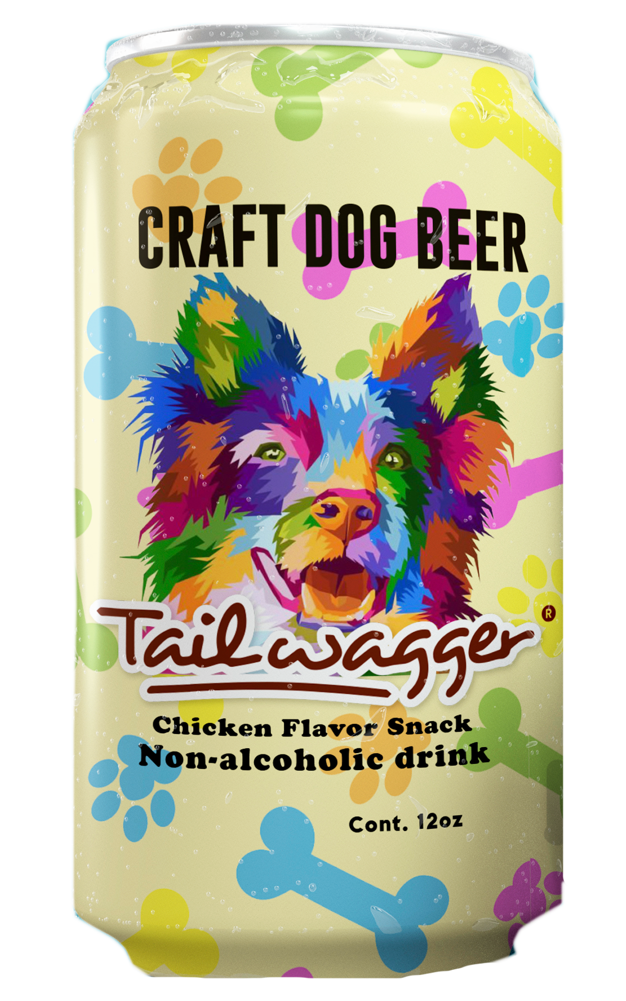 Can of Tail Wagger Craft Dog Beer with colorful dog illustration on a yellow background
