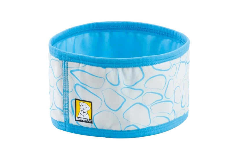 Blue and white patterned headband with a brand logo on a white background