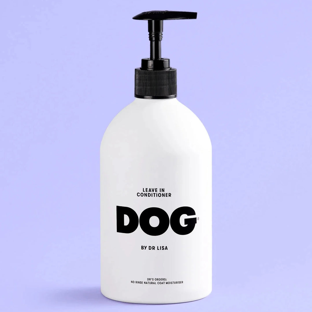 DOG by Dr. Lisa leave in conditioner in large white bottle with black pump