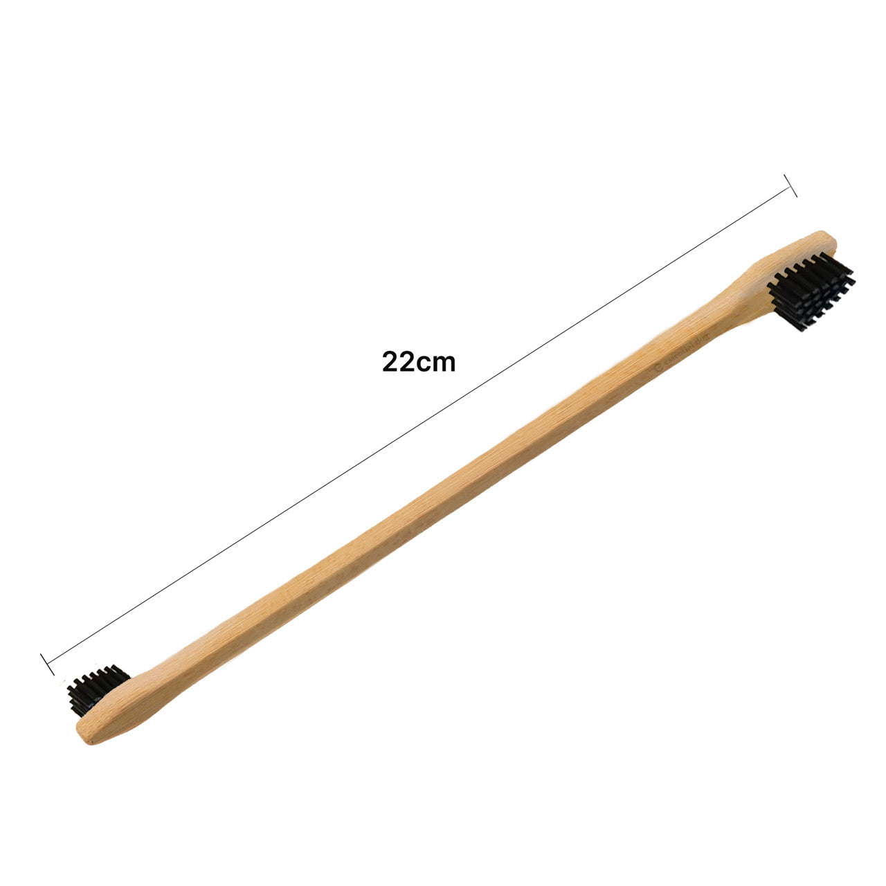 Bamboo toothbrush with black bristles and measurement label on a white background