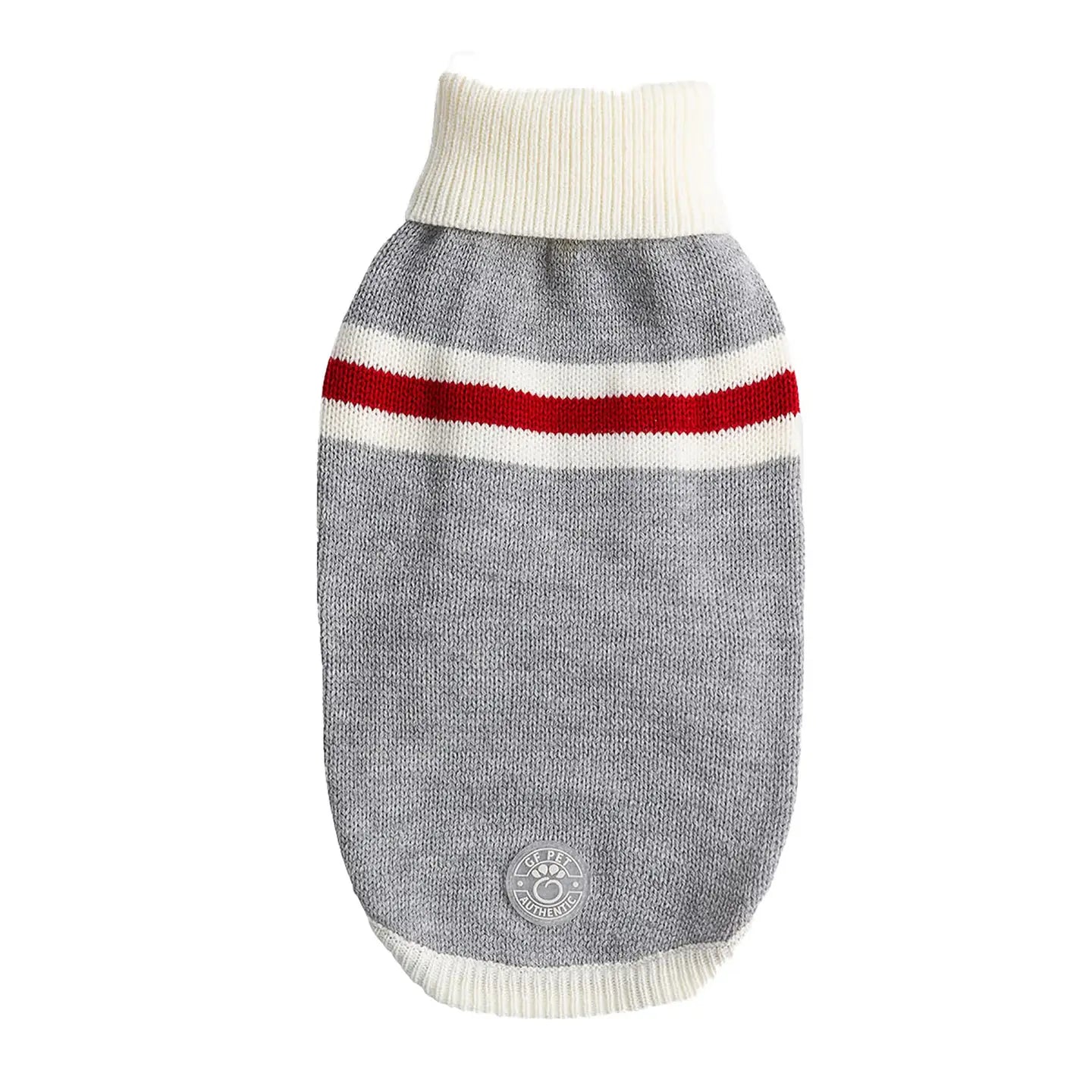 Gray dog sweater with red and white stripes on a white background