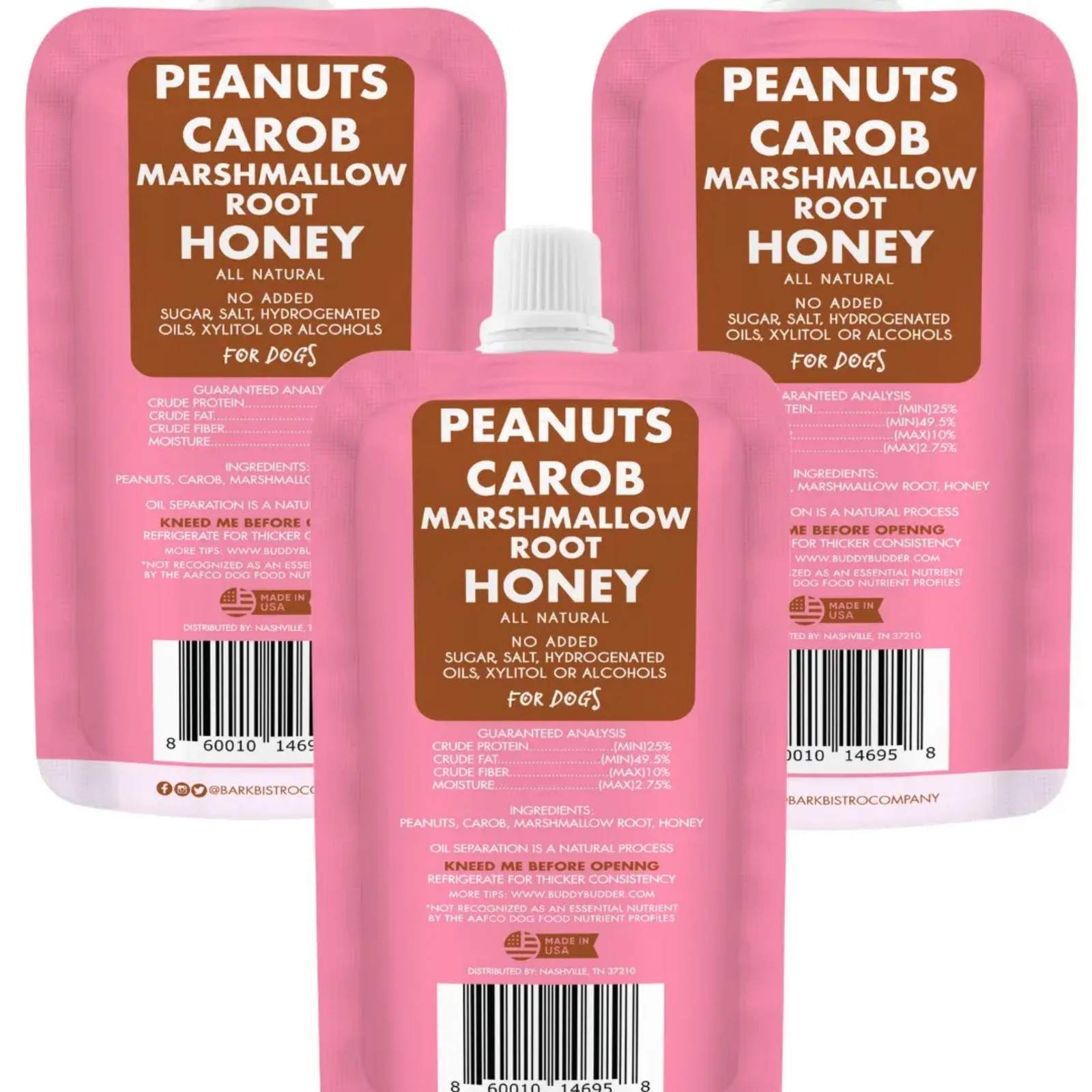 Two pink bottles of Peanuts Carob Marshmallow Root Honey for dogs on a white background.