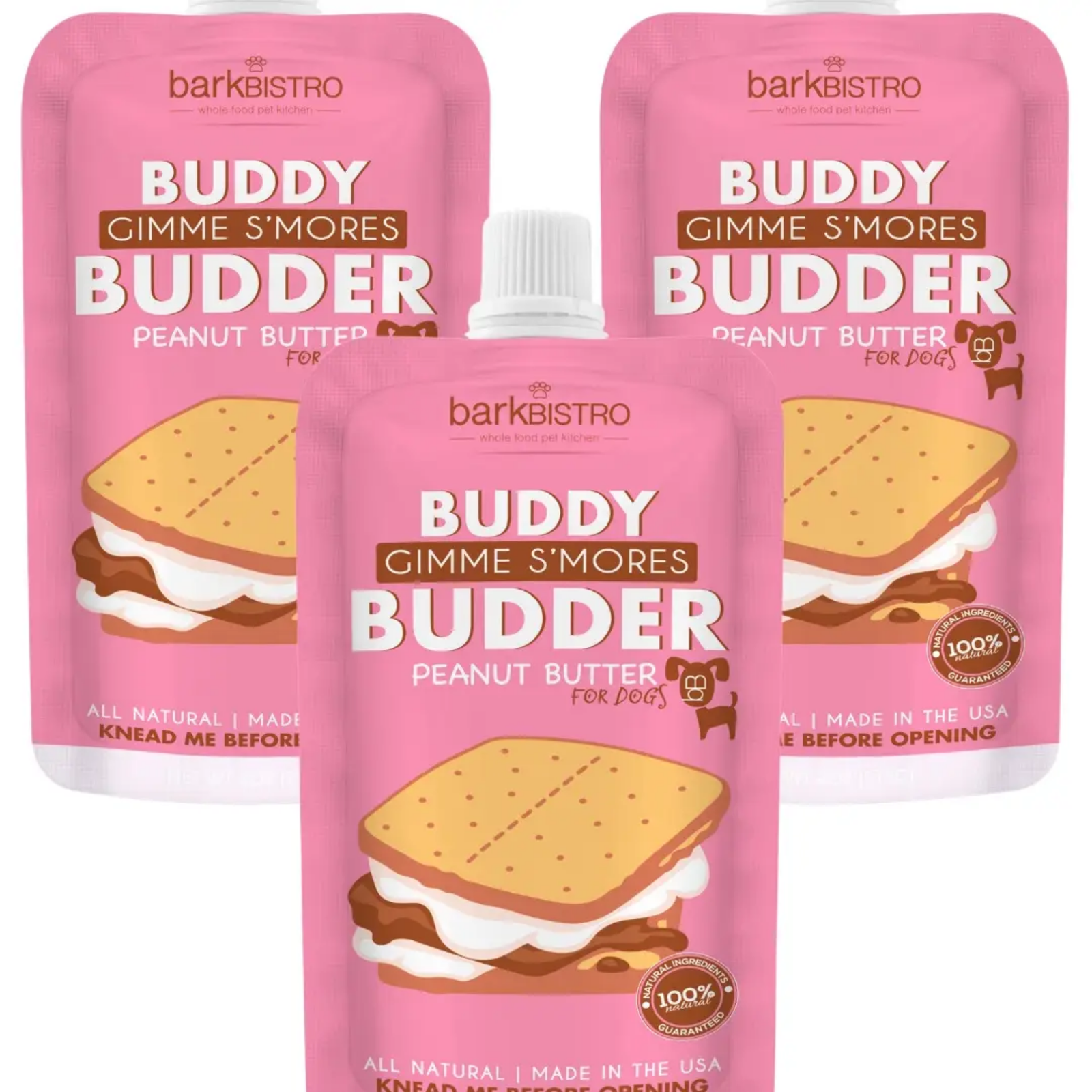 Three packages of 'Buddy Gimme S'mores Budder' peanut butter from barkbistro on a white background.