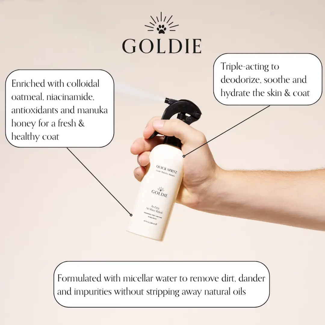 Hand holding a Goldie product with text about its benefits on a beige background