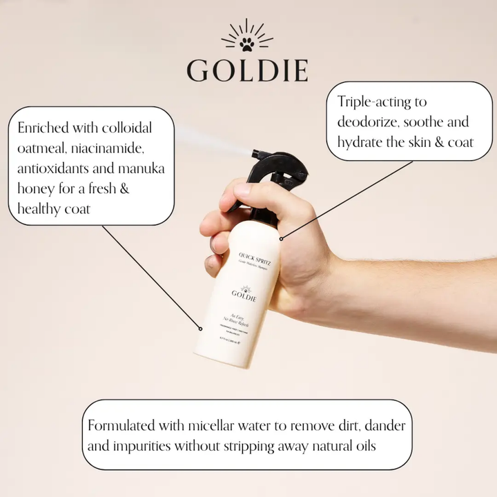 Hand holding a Goldie product with text about its benefits on a beige background