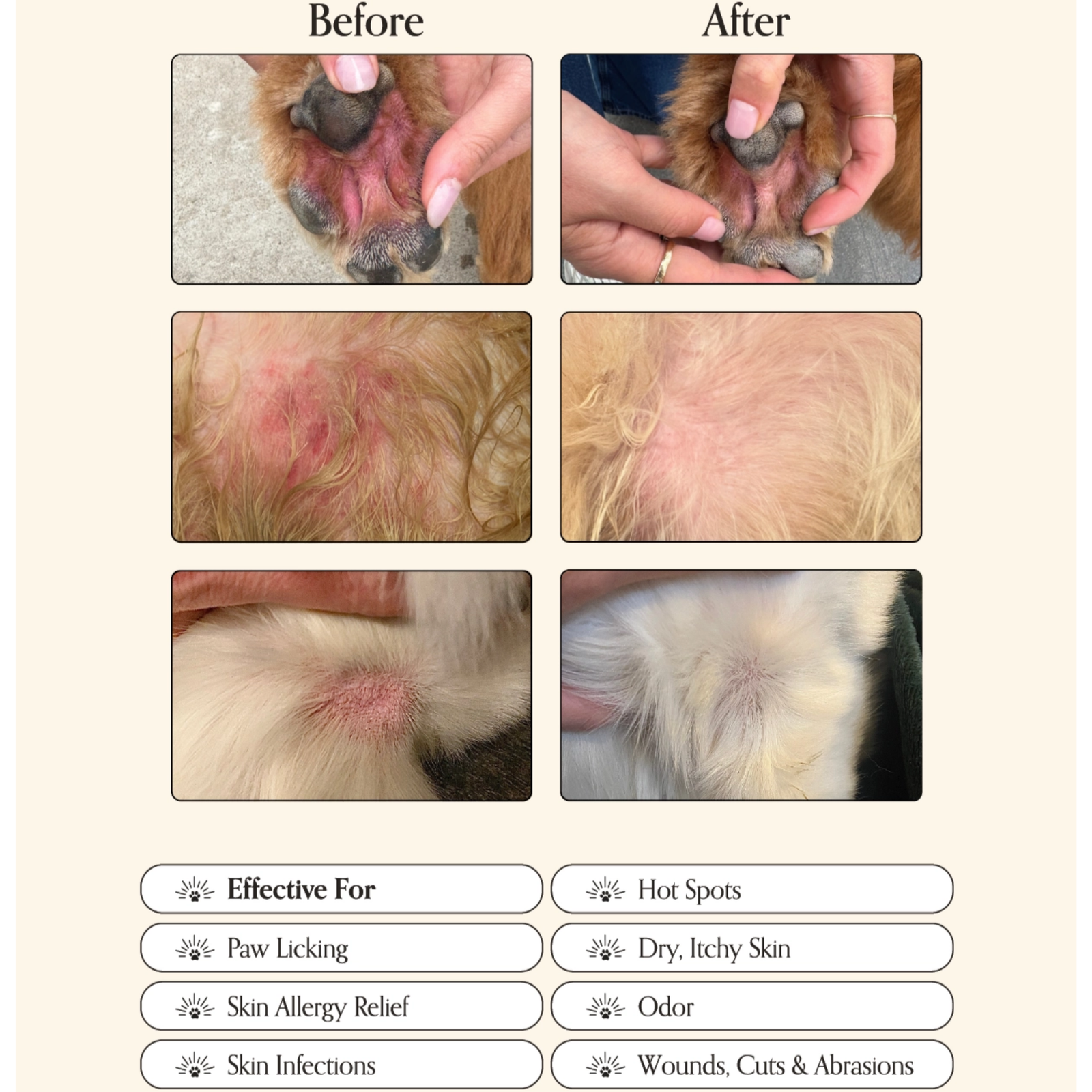 Before and after comparison of a dog's skin condition with text indicating effectiveness on various skin issues.