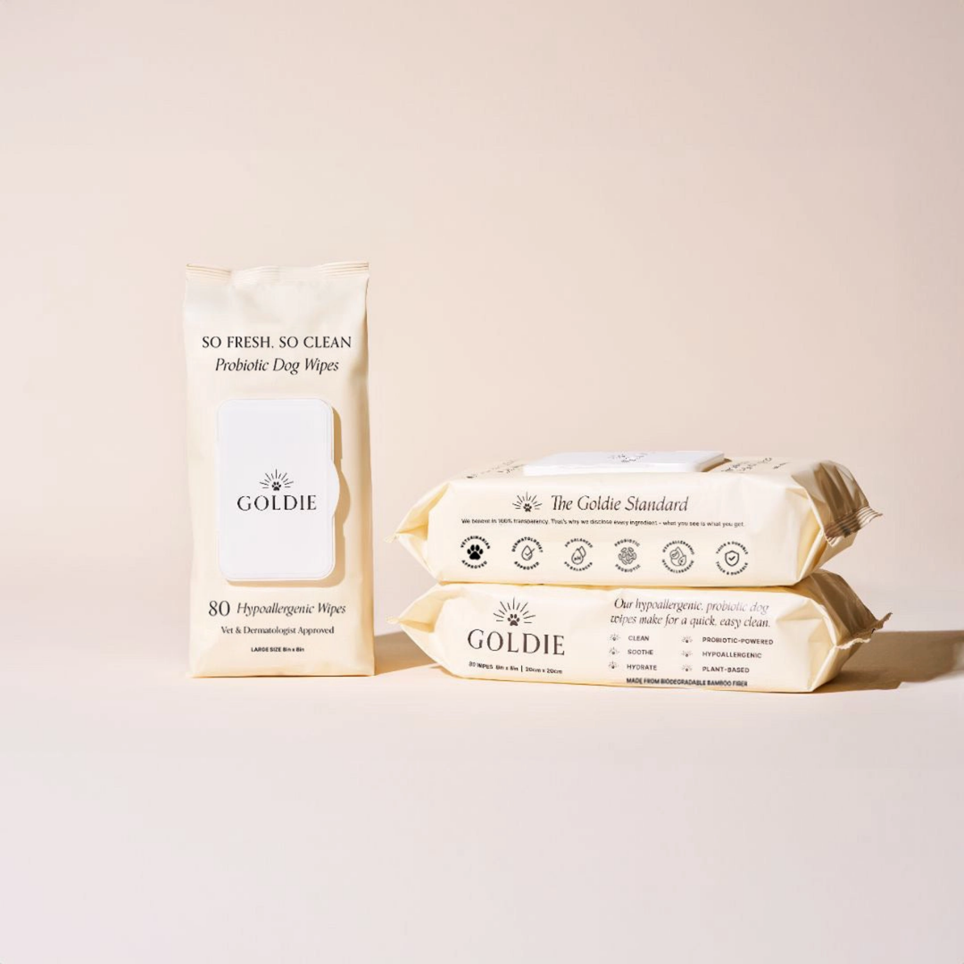 Goldie probiotic dog wipes packaging on a light background