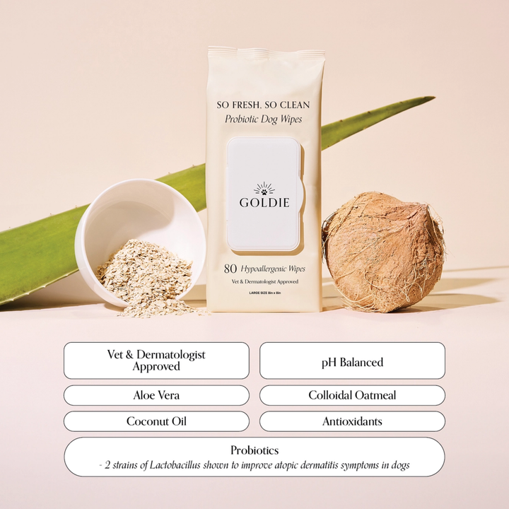 GOLDIE probiotic dog wipes packaging with ingredients listed on a light background