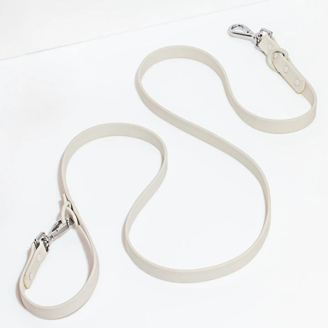 White dog leash with metal clasp on a white background