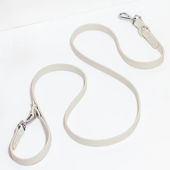 White dog leash with metal clasp on a white background