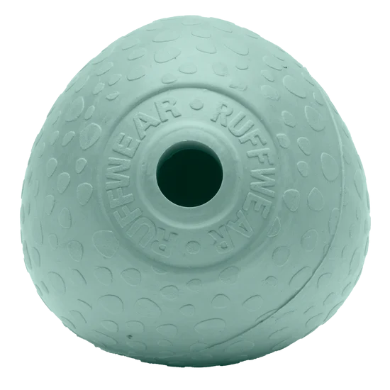 Green rubber ball with 'Ruffwear' branding on a white background