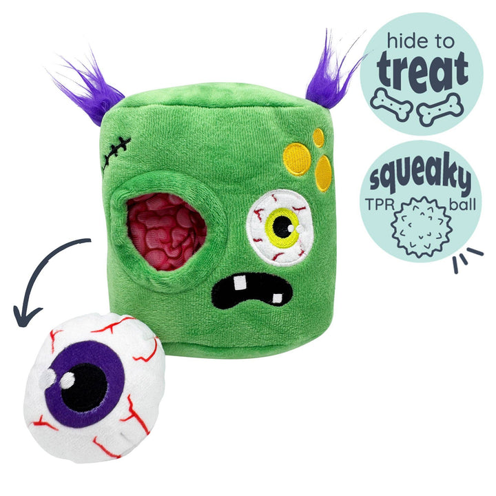 Huxley & Kent PowerPlush Zombie dog toy with a green plush zombie design, hide-a-treat compartment, removable eyeball, and squeaky TPR ball.