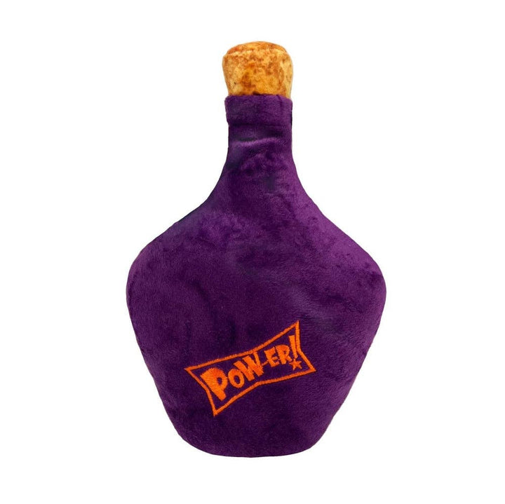 Back view of the purple Huxley & Kent Witch’s Brew dog toy showing the PowerPlush logo detail.