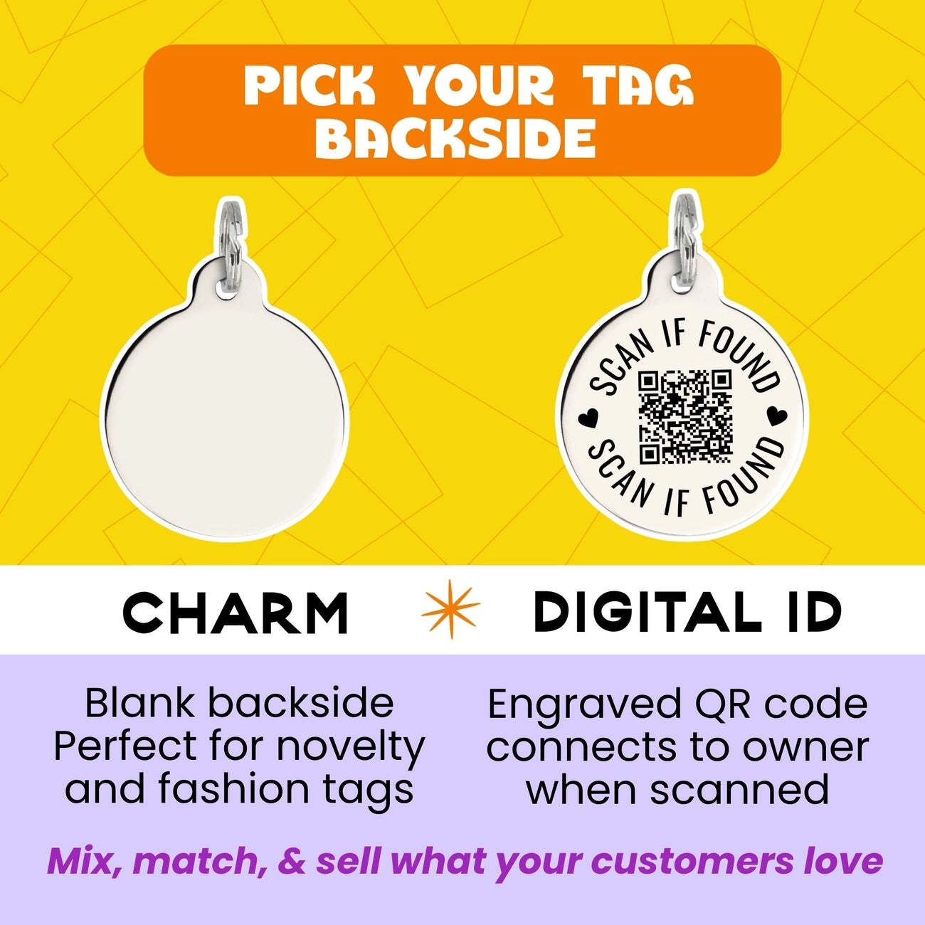Two silver charms on a yellow and purple background with text about QR code functionality.