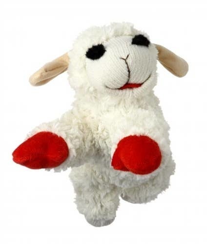 White plush Lamb Chop dog toy with black eyes, tan ears, and bright red paws on a white background.