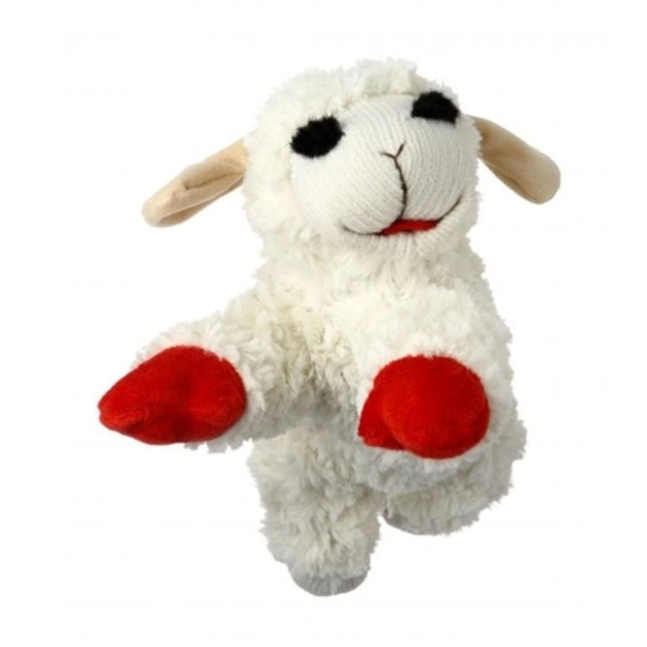 Lamb Chop plush toy sheep with red spots on a white background