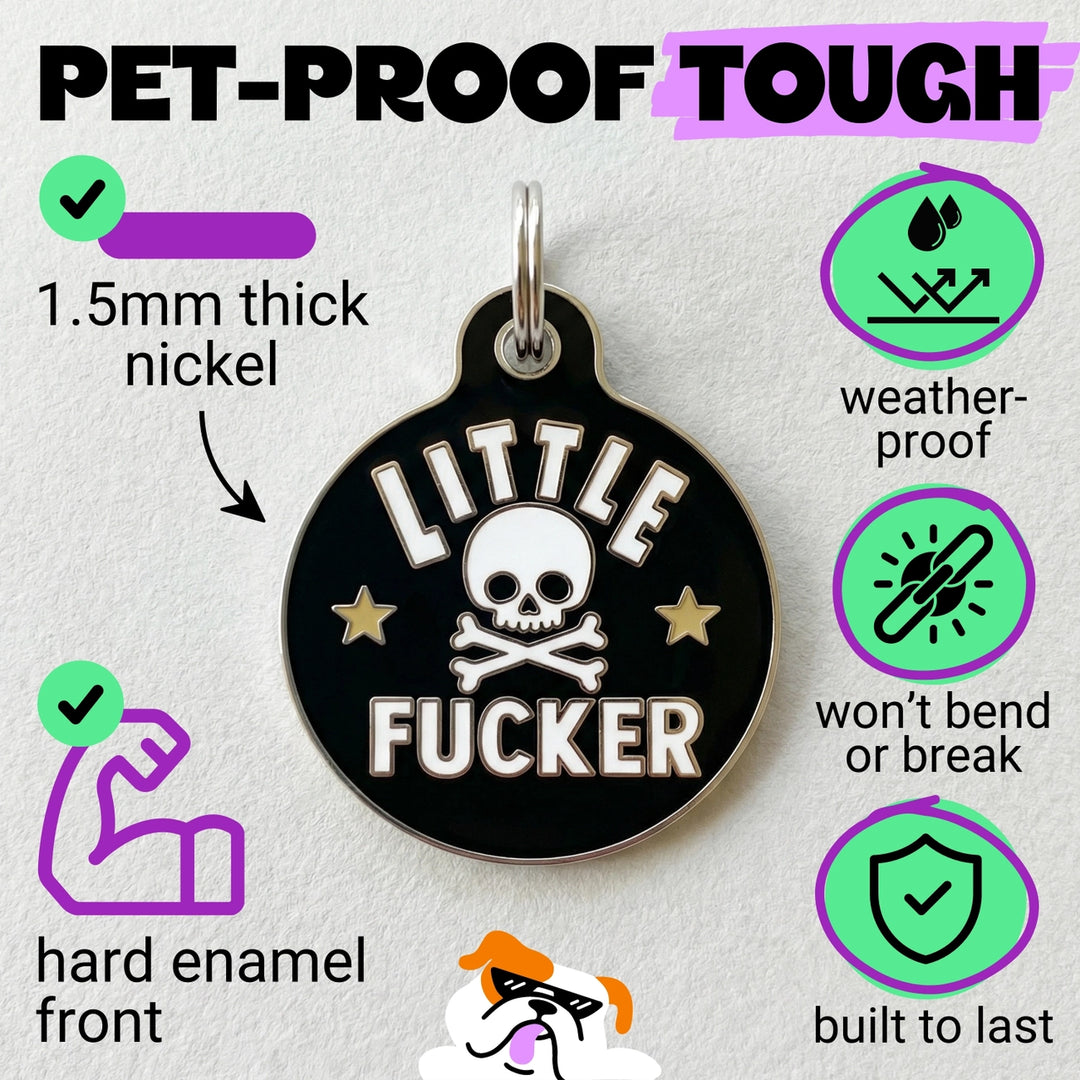 Dog tag with 'Little Fucker' design and features listed on a white background