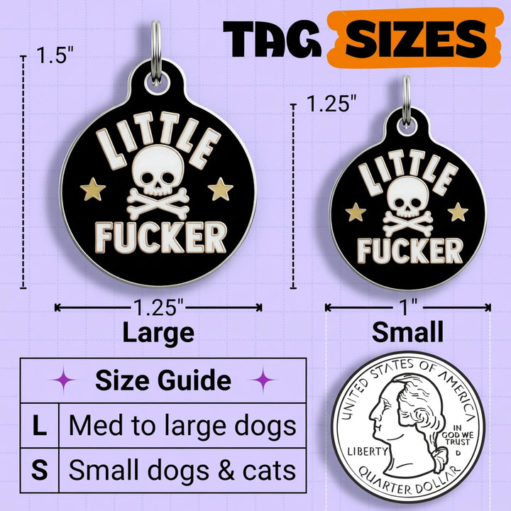 Two black dog tags with skull and crossbones design, labeled 'Little Fucker', with size guide on a purple background.