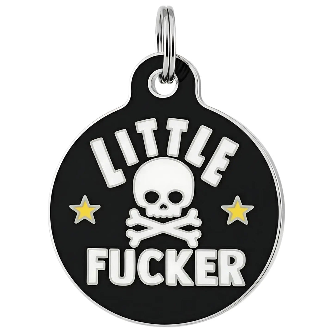 Black pet tag with skull design and text on a white background
