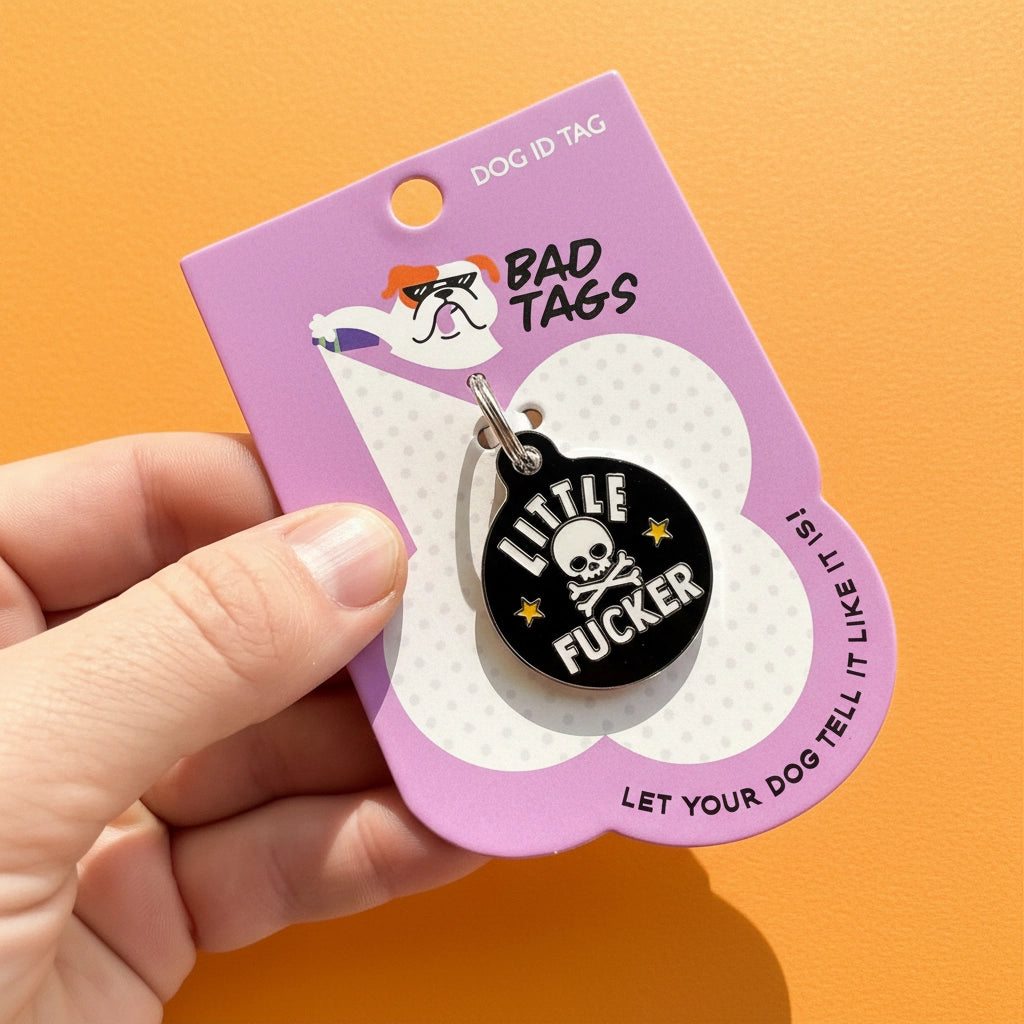 Dog ID tag with skull design on a purple card held by a hand against an orange background