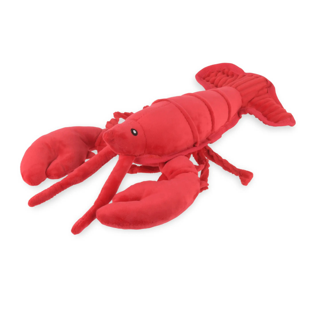 Red plush lobster toy on a white background