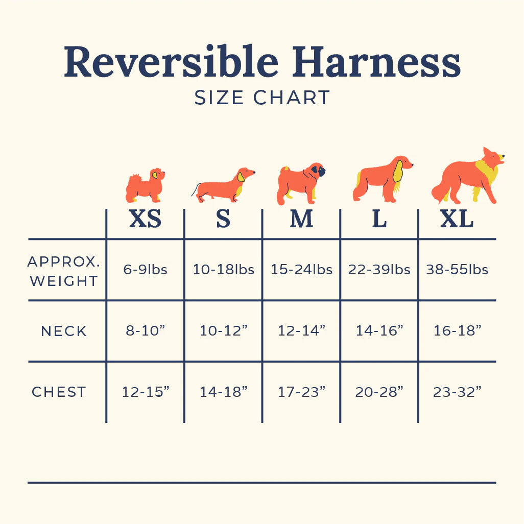 Reversible harness size chart with dog illustrations and measurements.