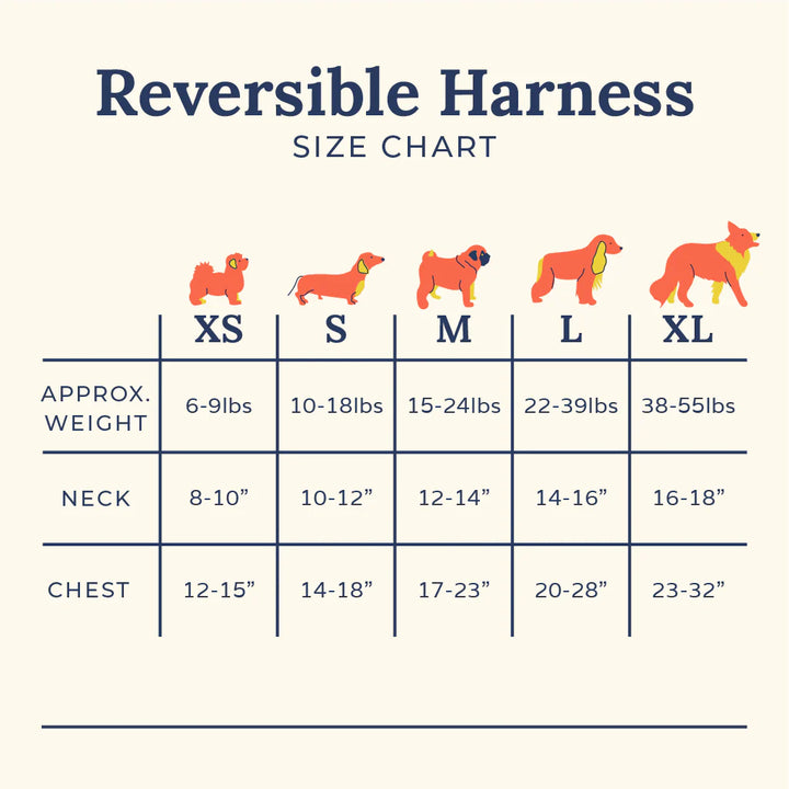 Reversible harness size chart with dog illustrations and measurements.