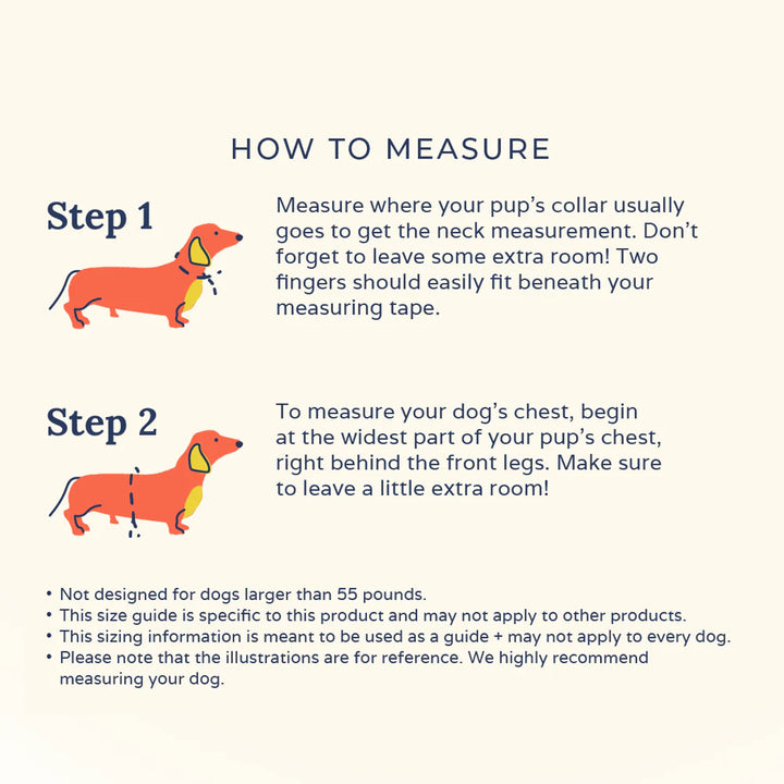Instructions on how to measure a dog for a reversible harness with illustrations and text.