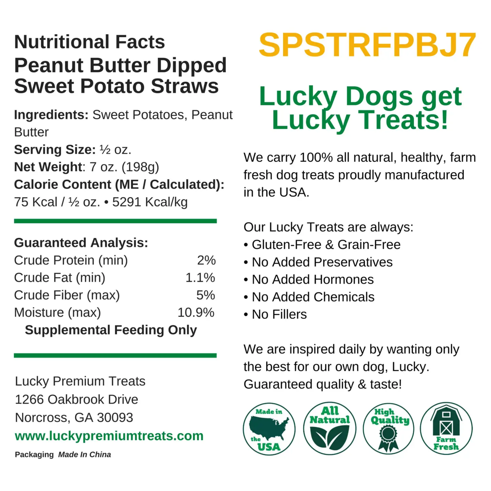 Nutritional facts and product information for peanut butter dipped sweet potato straws with Lucky Dogs branding.