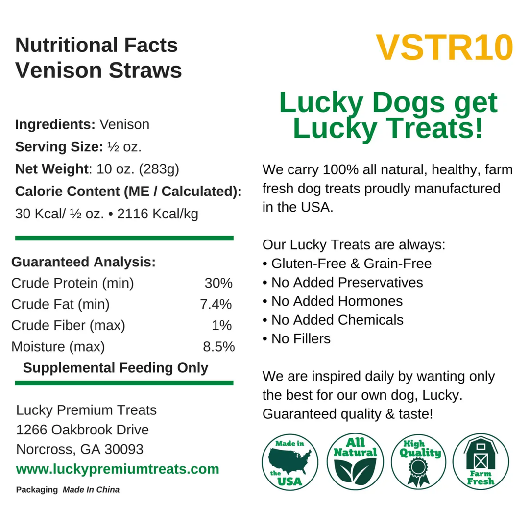 Nutritional facts label for Venison Straws with Lucky Dogs branding and product details.