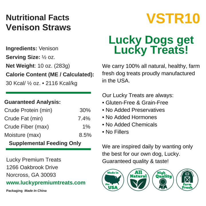 Nutritional facts label for Venison Straws with Lucky Dogs branding and product details.
