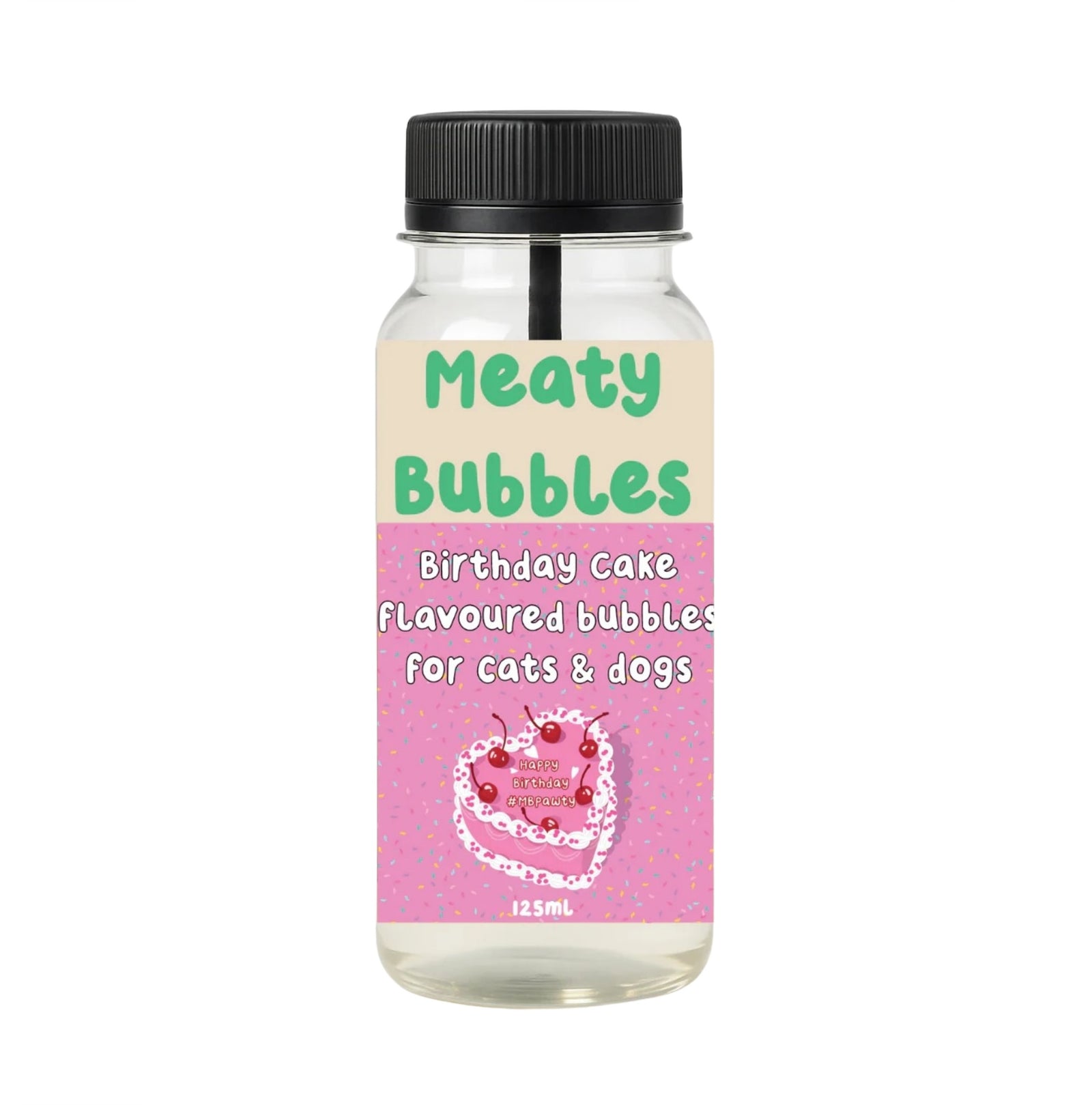 Bottle of 'Meaty Bubbles' birthday cake flavored bubbles for cats and dogs on a white background