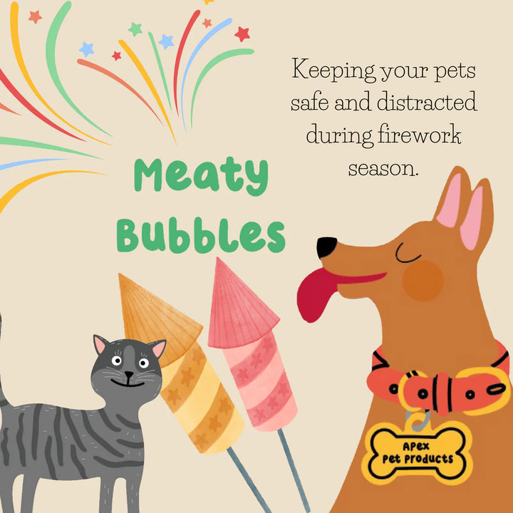 Illustration of a dog and cat with party hats and fireworks, promoting pet safety during fireworks season.