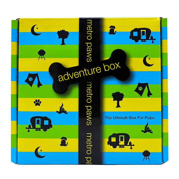 Colorful box with 'metro paws' branding and dog-themed illustrations on a white background