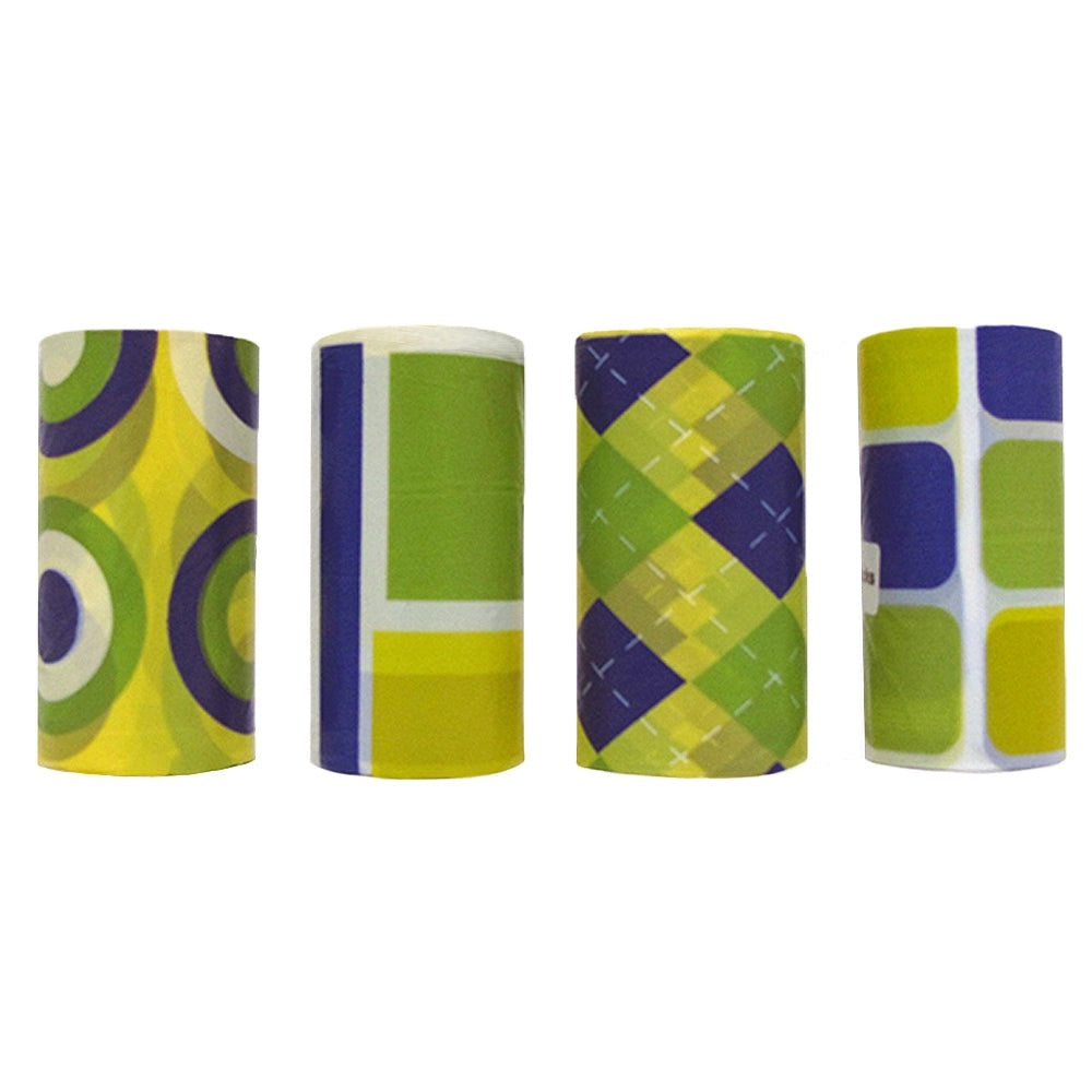 Four cylindrical containers with colorful geometric patterns on a white background
