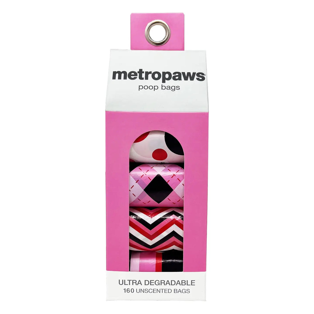 Metro Paws Ultra Degradable dog poop bags in colorful patterned rolls, 160 unscented bags per package for walks and everyday cleanup.