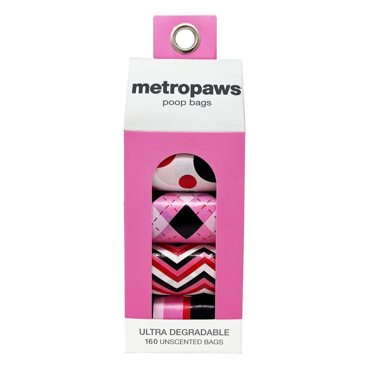 Metro Paws Ultra Degradable dog poop bags in colorful patterned rolls, 160 unscented bags per package for walks and everyday cleanup.