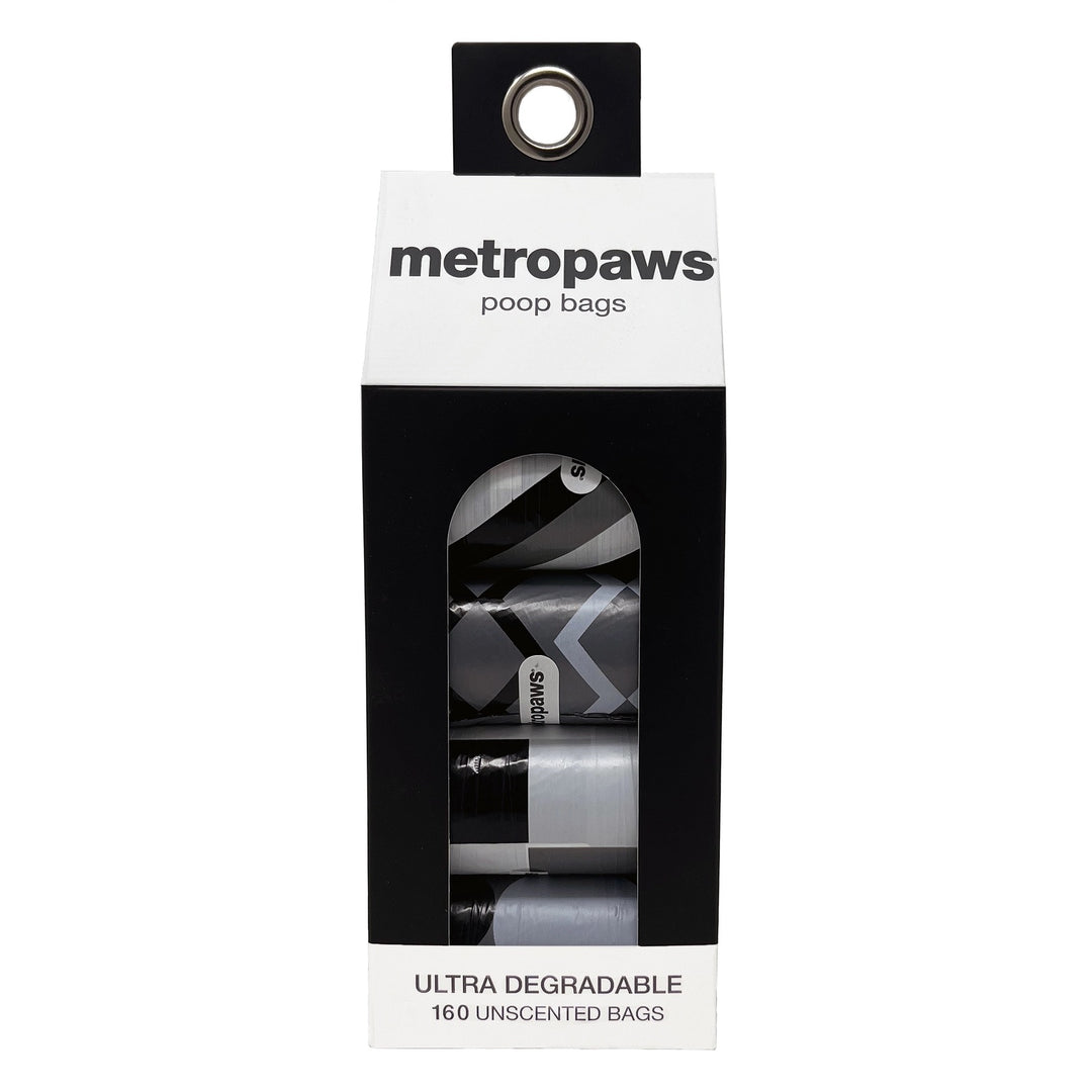 Metro Paws Ultra Degradable dog poop bags in colorful patterned rolls, 160 unscented bags per package for walks and everyday cleanup.