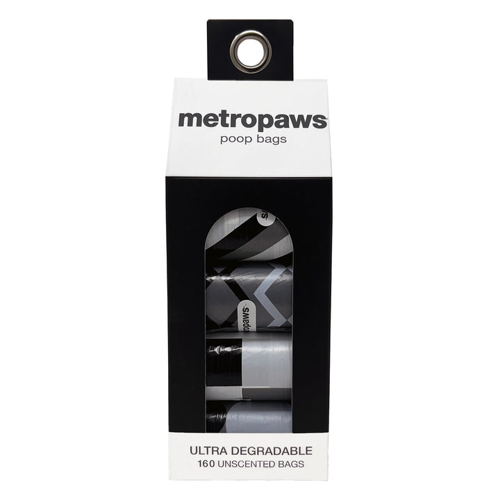 Metro Paws Ultra Degradable dog poop bags in colorful patterned rolls, 160 unscented bags per package for walks and everyday cleanup.