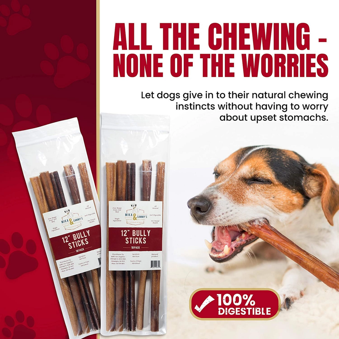 Dog chew product packaging with a dog eating a stick, on a red background with paw prints.