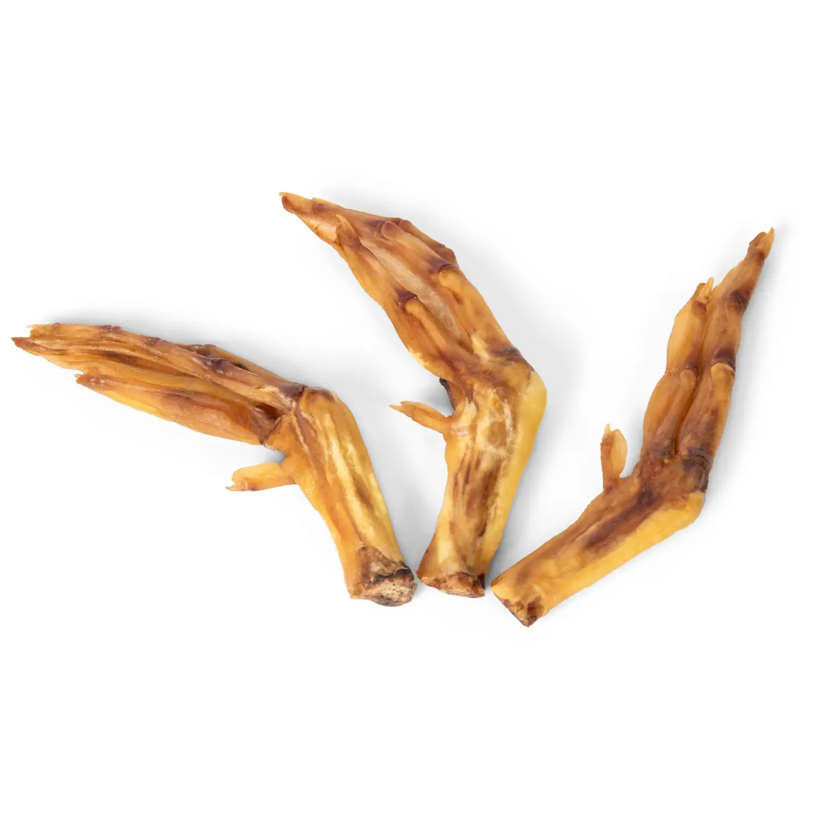 Three brown dog  duck feet treats on a white background