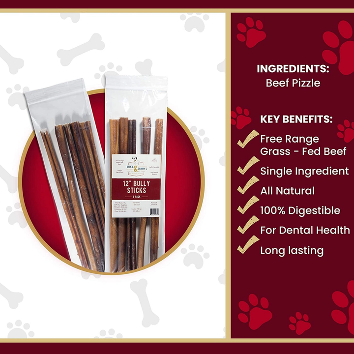 Bully sticks packaging with ingredients and benefits listed on a red and white background