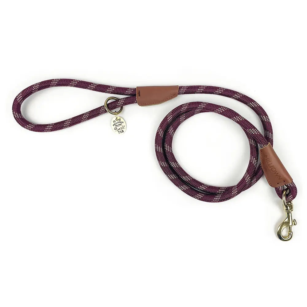 Maroon dog leash with brown handle on a white background