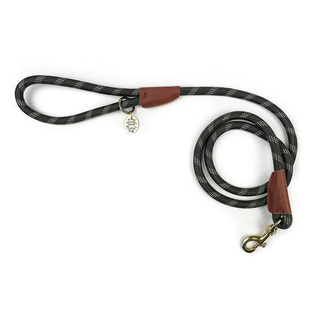 Olive dog leash with brown leather ends on a white background