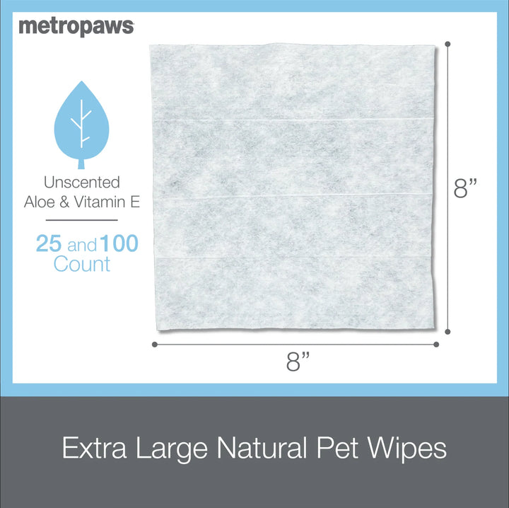 Extra large natural pet wipes with dimensions and product details on a blue and gray background.
