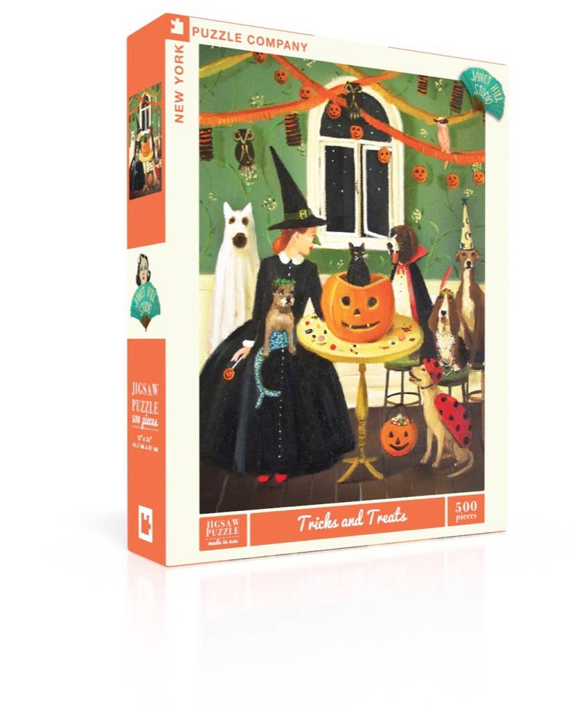 New York Puzzle Company Shih Tzu Happens 1000 piece jigsaw puzzle featuring a woman browsing books with her Shih Tzu.